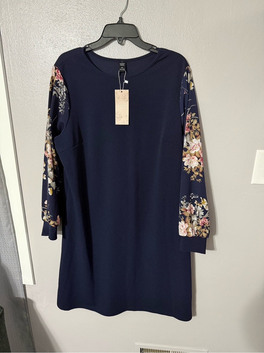 Navy Floral-Sleeve Midi Dress - Women's Elegant Casual - Picture 2 of 10